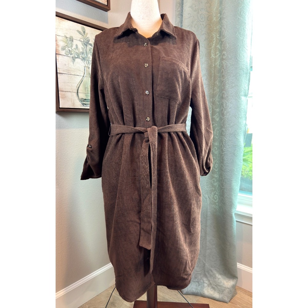 NWT Adrienne Vittadini Brown Corduroy Shirt Dress Long Sleeves Roll Tabs Size L